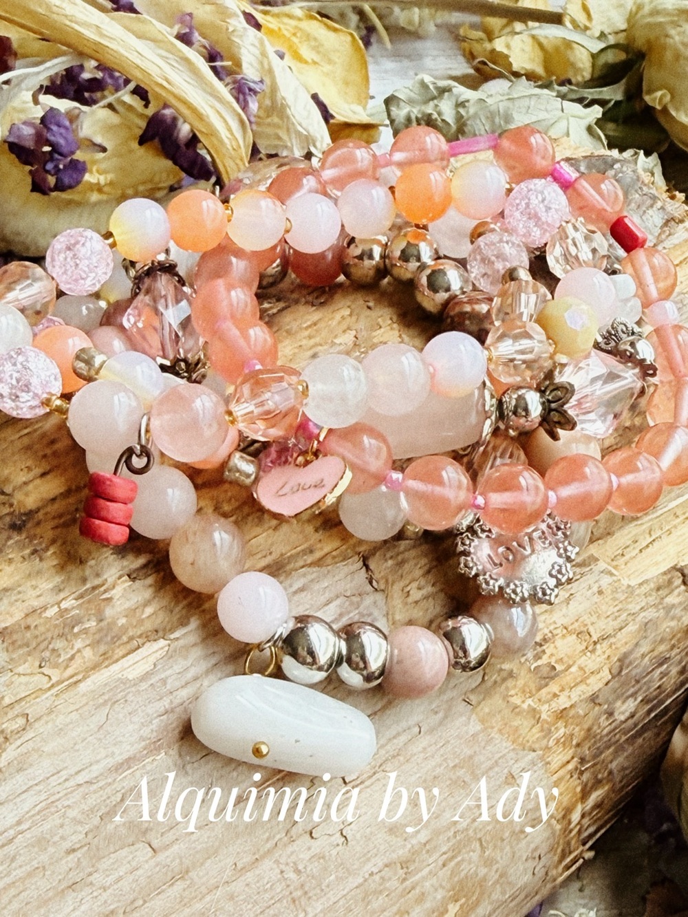 CURATED + Peach & Pink Mixed gemstones Bead Bracelet Set | stack